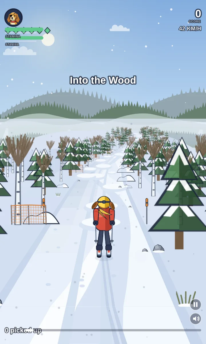 A cross-country ski trail winding into snowy woods.