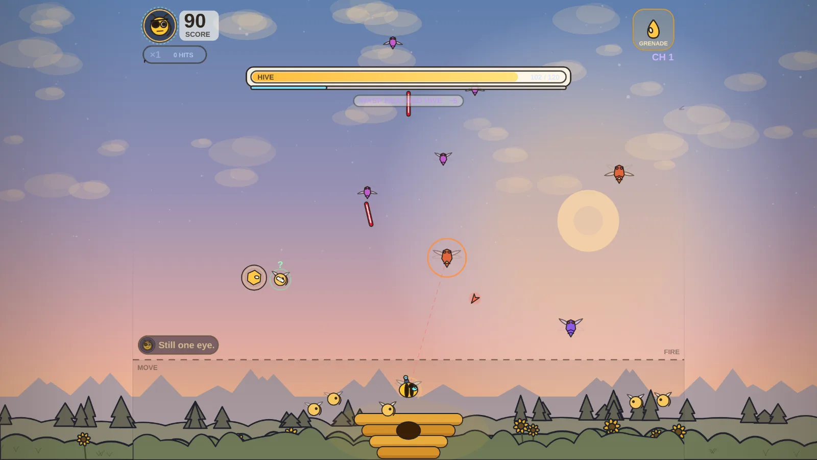 Bee vs Wasp gameplay: a bee defends its hive from wasps at sunset.